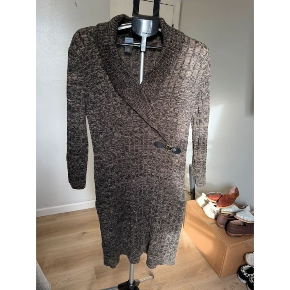 Calvin Klein XL Cable Knit Sweater Dress Brown Marled Cowl Neck Buckle Y2K